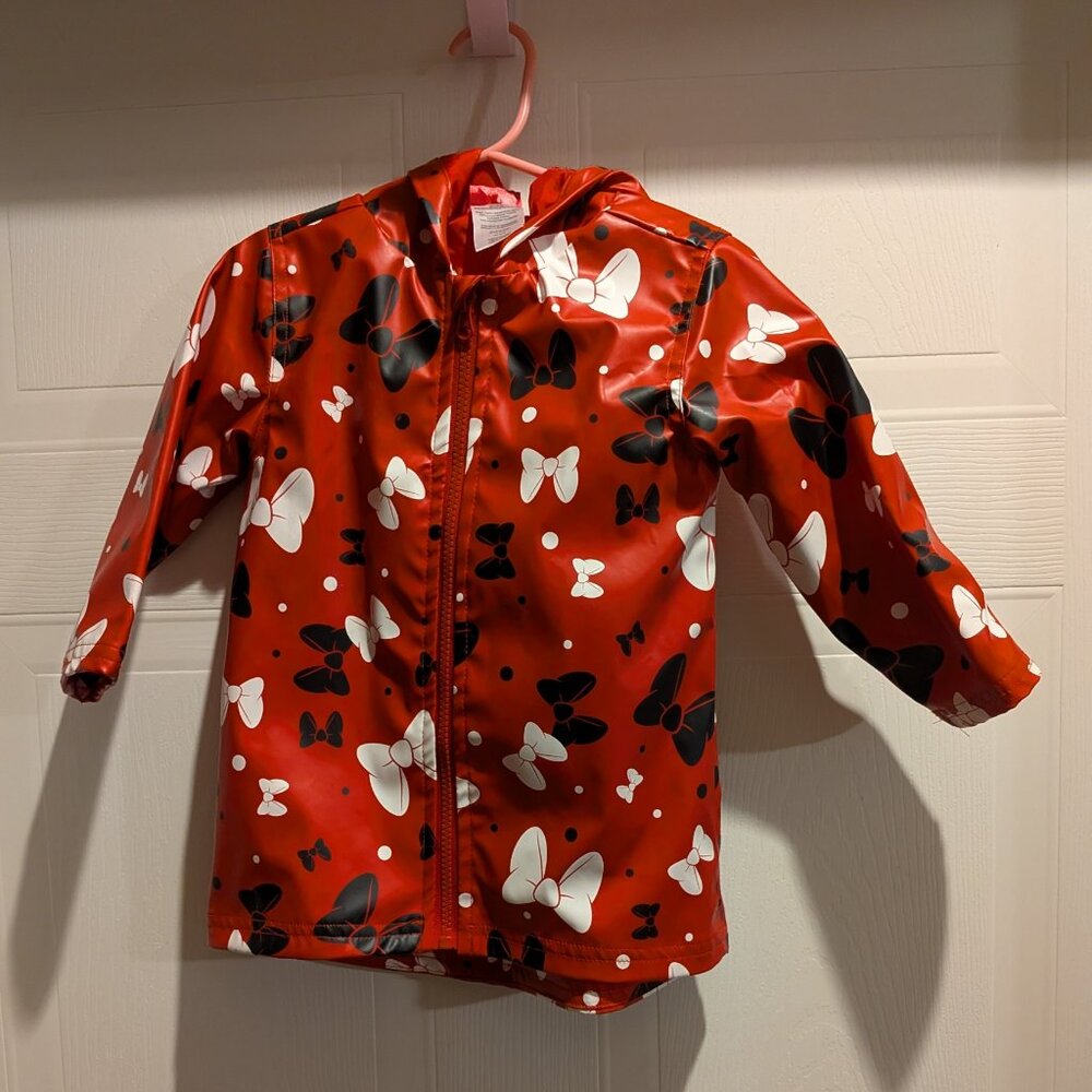 Disney Junior Minnie Mouse Girls Raincoat Jacket 2T Red Polka Dot Bow Hood